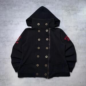 Y2K Black Harley Davidson Grunge Double Button Biker Zip Up Hoodie